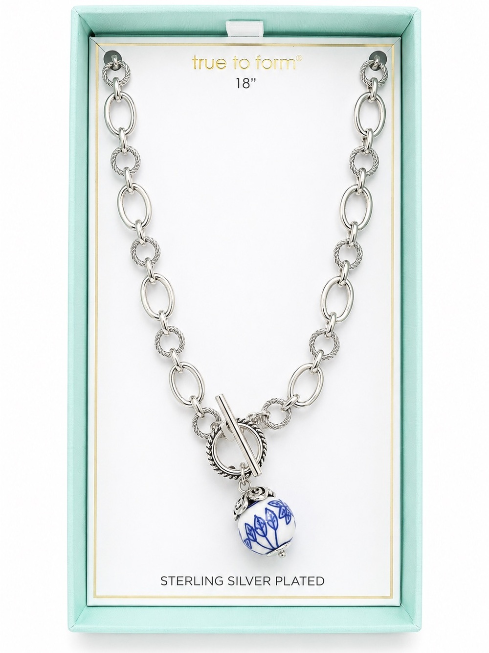 True to Form Sterling Silver-Plated Front Toggle Necklace with Blue Floral Charm